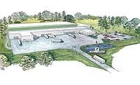 Rendering of a cold storage facility with loading docks, truck yard and parking
